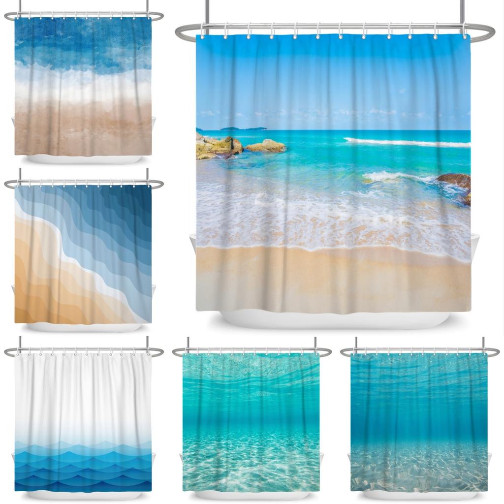 Coastal Beach Shower Curtain Ocean Wave Seaside Landscape Print Waterproof Bath Curtain For Bathroom Decor Polyester With Hooks