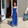 Women's Blue Plaid V-Neck Summer Dress - Hip-Hugging, Slim Waist, Open Back, Long Skirt