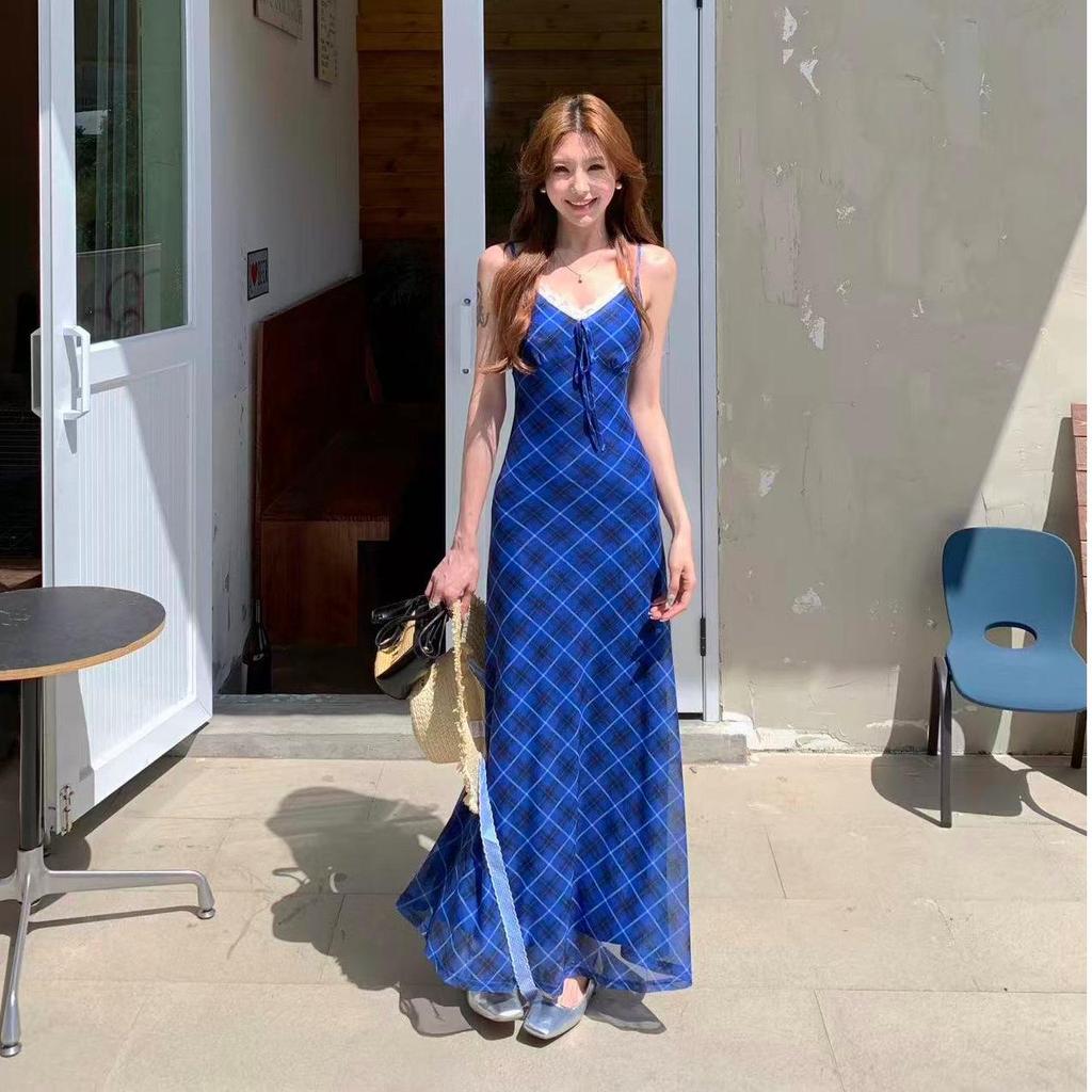 Women's Blue Plaid V-Neck Summer Dress - Hip-Hugging, Slim Waist, Open Back, Long Skirt