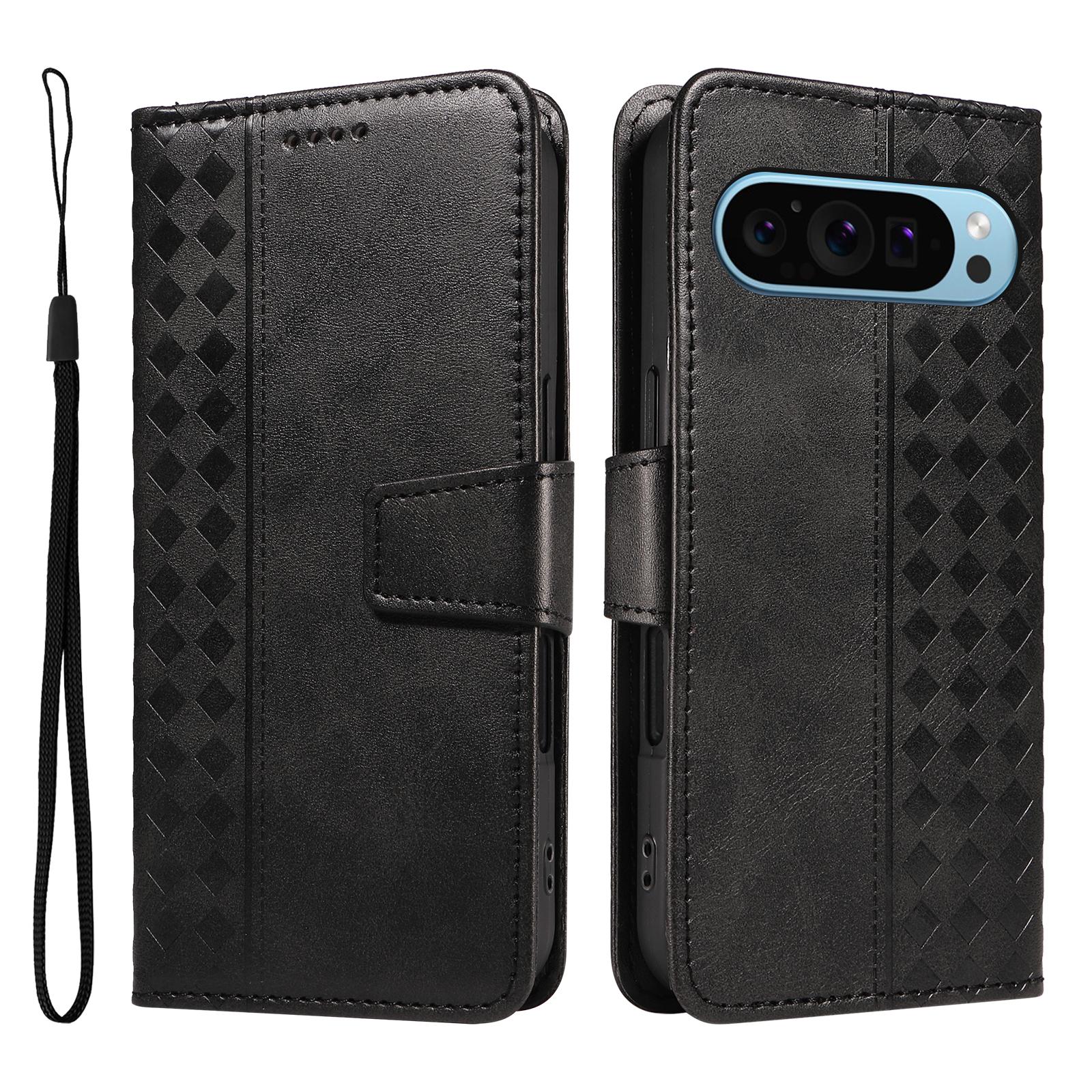 

For Google Pixel 9 Pro XL/Google Pixel 10 Pro XL Leather Case Wallet Stand Grids Imprinted Phone Cover with Strap Black