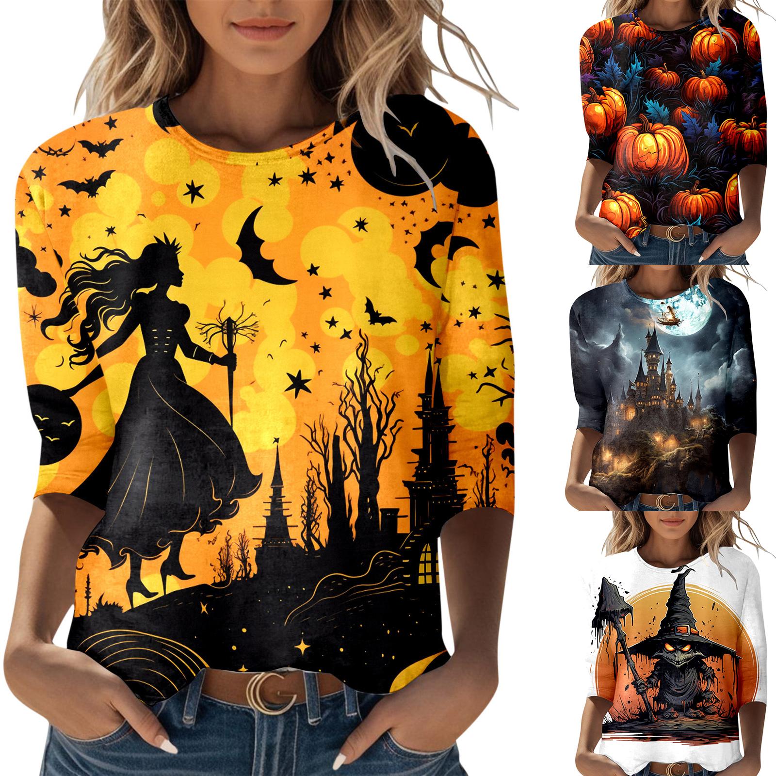 

Женские футболки на Хэллоуин, винтажный топ с мультяшным принтом, женский свободный топ с длинным рукавом с круглым вырезом