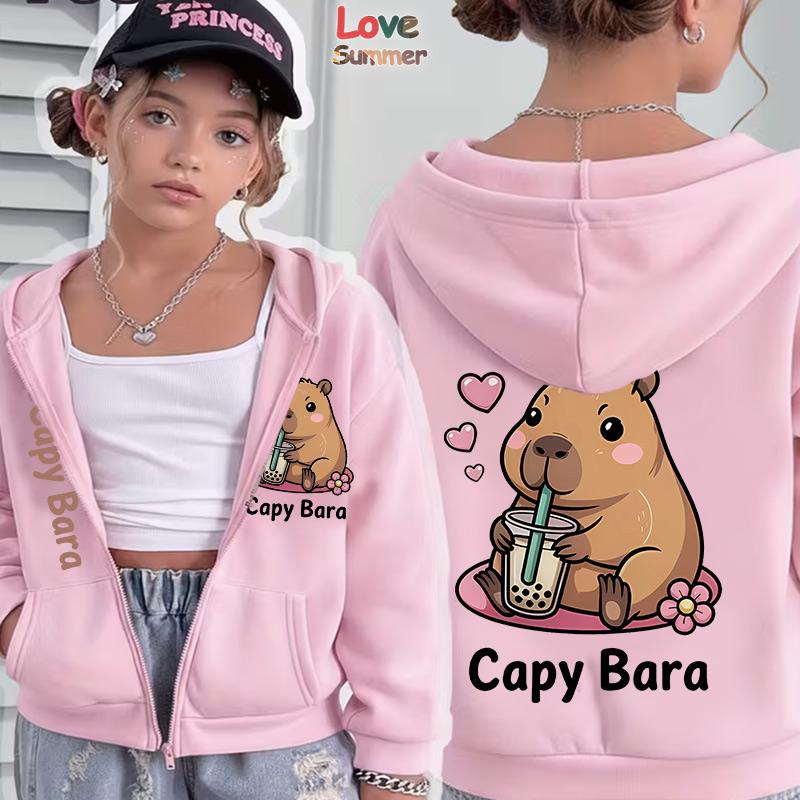 Girls Trendy Capybara Letter Casual Hoodie Spring Autumn Zip Up Hooded for Girls Parties Home Wear Outdoor Sports Ideal Gift