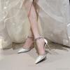 Bride Wedding Shoes Black White Satin Rhinestone Tassels High Heel Sandals Ankle Strap Women's 7/9CM Heels Sandalias De Mujer