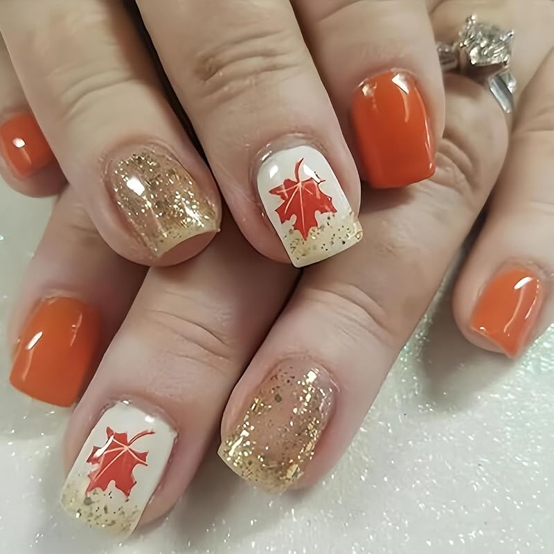 Christmas Press on Medium Square Fake Nails With Black Snowflakes Design - Glossy Glue on Winter Xmas Full Cover Acrylic Artificial Bling Gold