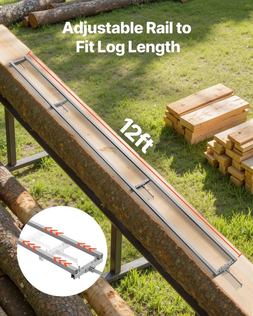 Rail Mill Guide System, 3.66 m 4 Crossbar Chainsaw Mill Kits, Aluminum Saw Milling Rails System Works with Chainsaw, 2 Wedges, Adjustable Rail Milling