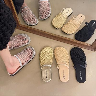 Fashion Hollowed-out Fishing Net Breadhead Flip-flops for Women In 2025 Summer Korean Style, New Flat and Casual Outerwear