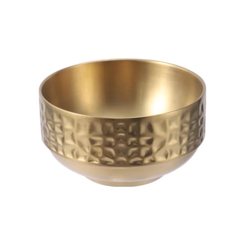 Golden dessert 304 stainless steel bowl, hammer pattern household double insulation children's soup bowl.