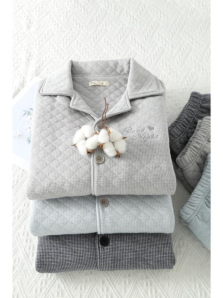 Men's Embroidered Quilted Pajamas - Three-Layer Air Cotton, Long-Sleeved, Warm, Autumn/Winter Wear