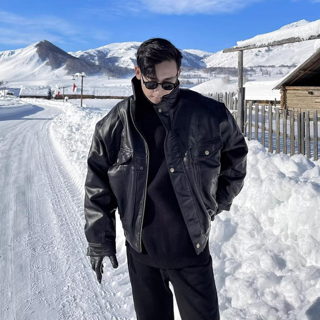 Autumn Winter Waterproof Windproof Oversized Thickened Warm Black Faux Leather Jacket Men Zip Up Casual Cool Fashion