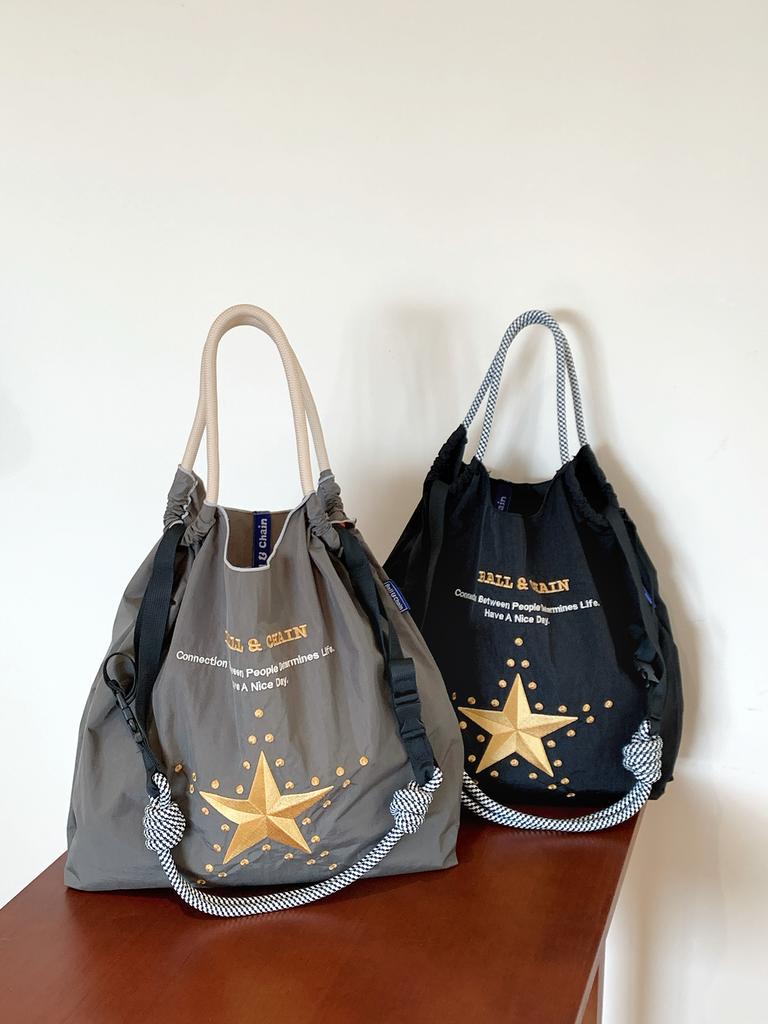 New Japanese-Style Embroidered Shopping Bag Y2K Style Large Five-Pointed Star Design Women's Shoulder Bag Lightweight Bag Foldable Storage Suitable