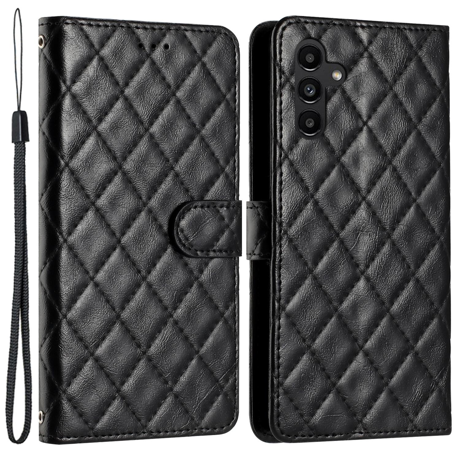 

For Samsung Galaxy S24 FE Case Rhombus Pattern Leather Wallet Phone Cover with Strap Black
