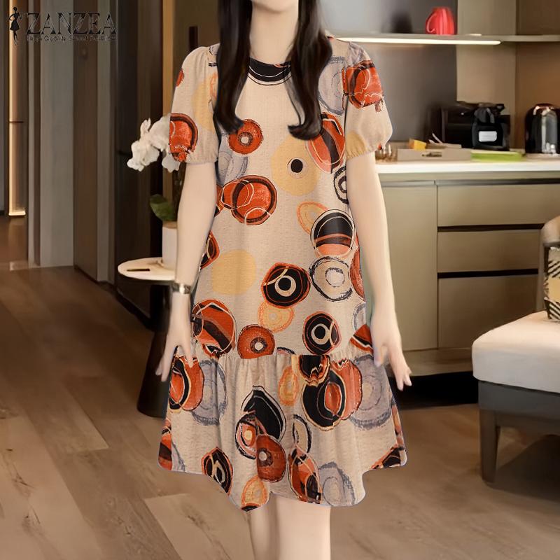 ZANZEA Women Casual Round Neck Short Sleeve Loose Summer Print Dress