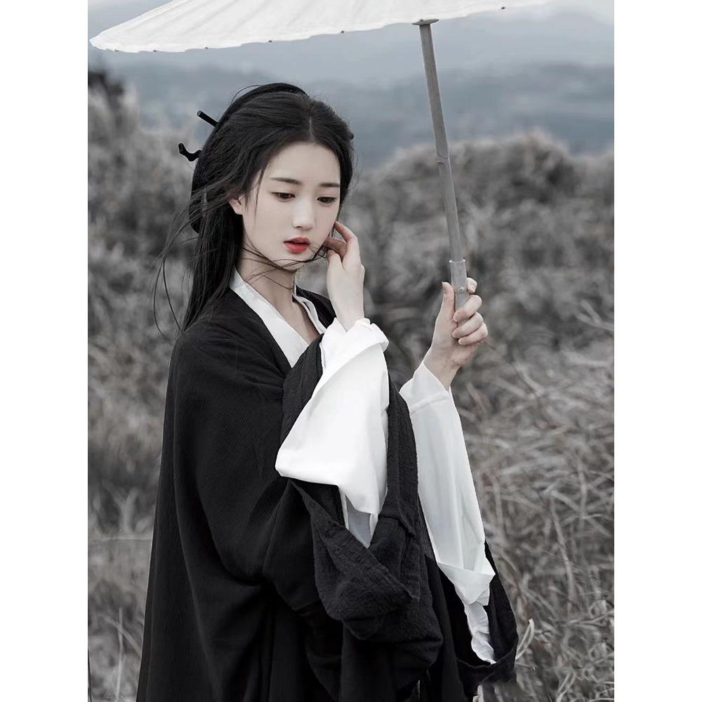 Dámská černá košile s velkým rukávem s křížovým límečkem ve stylu čínské dynastie Wei a Jin, kompletní sada