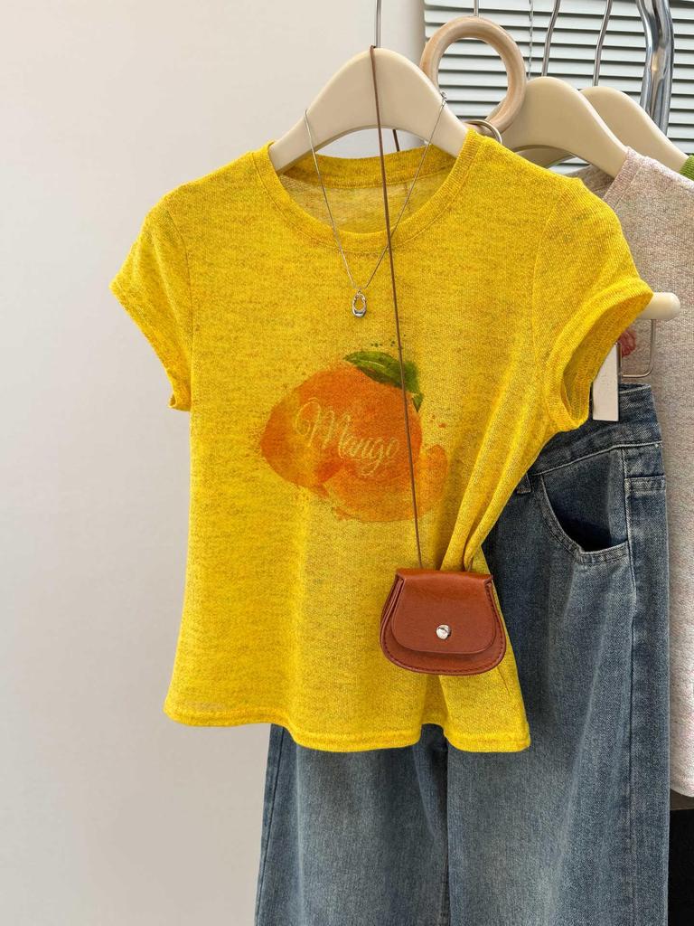 Women's 2025 Summer Slimming Printed Round Neck T-Shirt with Straight Shoulder Design and Short Sleeves