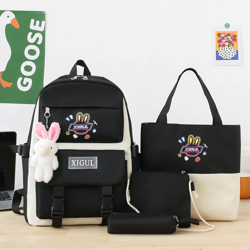 Schoolbag Korean Version Contrasting Color Design Backpack Unisex Four-piece Set Cute Cartoon Casual Fashion Travel Backpack