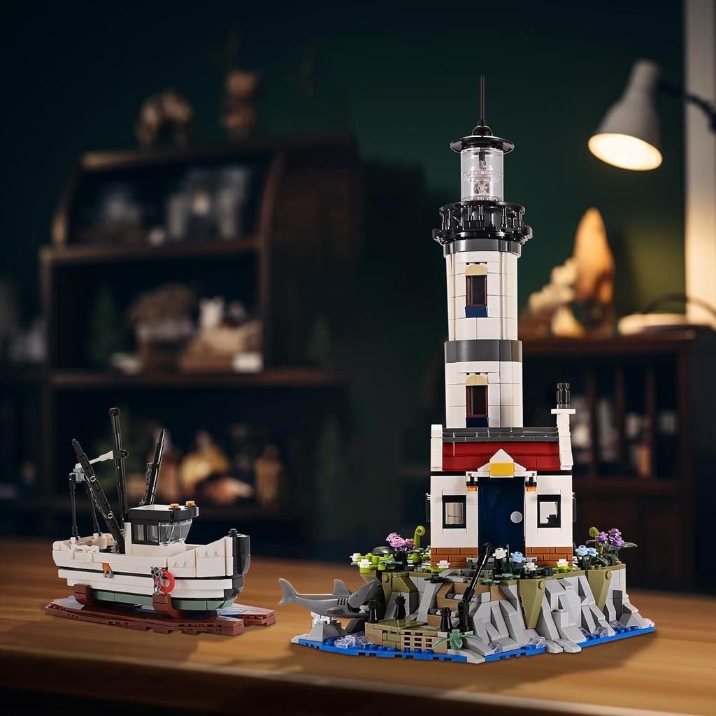 1677PCS Electric Lighthouse Building Blocks Fisherman Rescue Boats Lighthouse Model Bricks With Light Kids Toys Holiday Gifts
