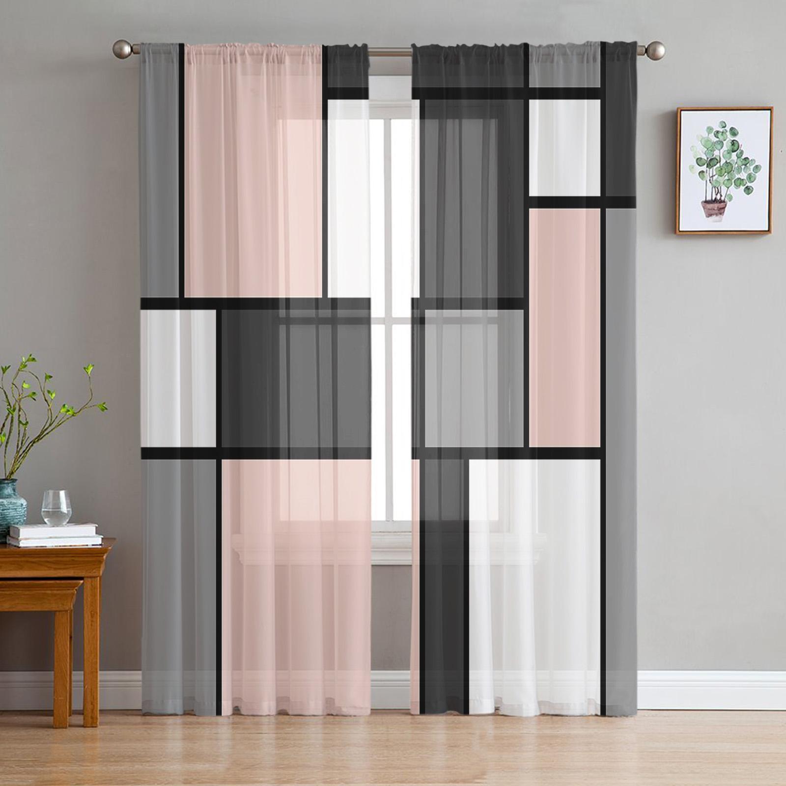 

Geometric Shapes Blue Abstract Style Sheer Drapes for Living Room Decoration Window Curtain Kitchen Tulle Sheer Fabric Organza Drapes W135 x H115cm x1&Grommet Top