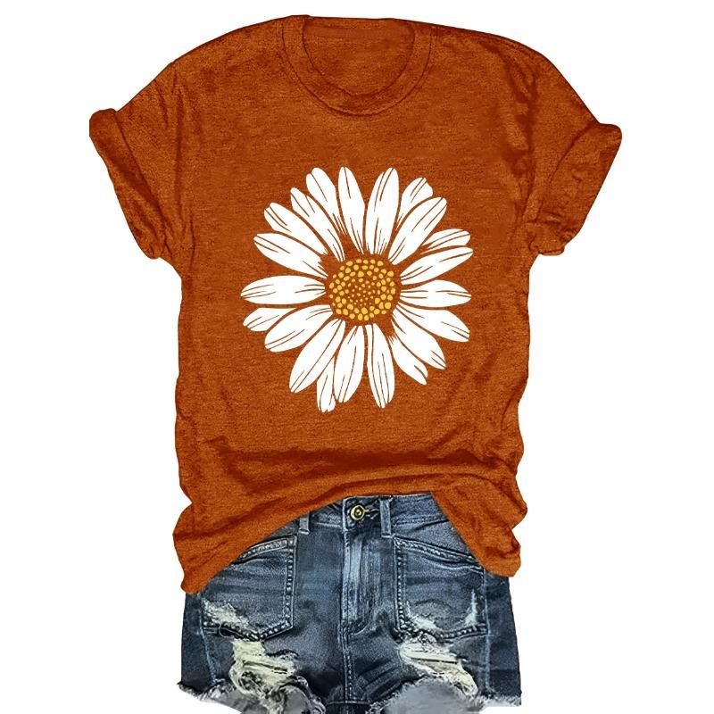 Daisy Flower Print Women's Summer Fitted Round Neck T-Shirt