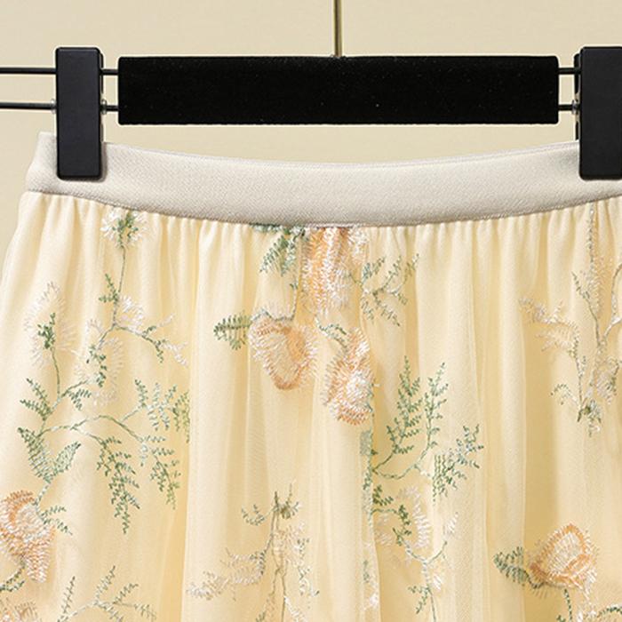 Women Spring Fall High Waist All Match Embroidery Flower Mesh A Line Skirt