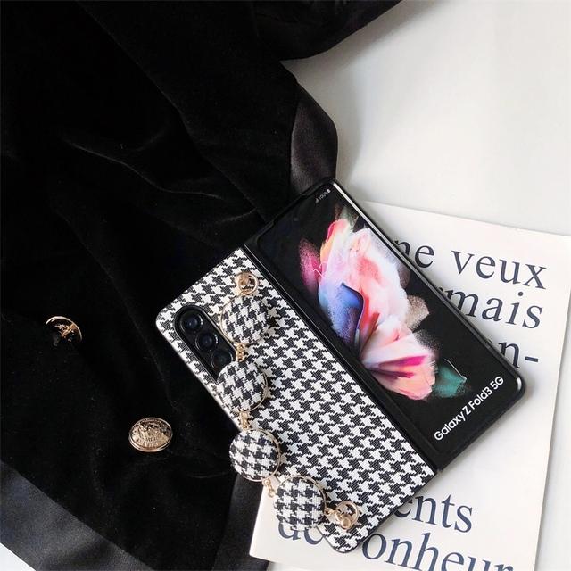 Dámský látkový náramek s mřížkovým vzorem Kryt na telefon Samsung Galaxy Z Fold 3 5g Zfold 4 Houndstooth Potištěné pouzdro Pu Leather Hard