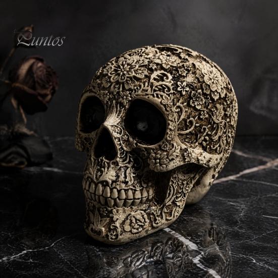 Collectible Art for Secret Rooms Creative Skull Flowers Sculpture, Human Head Skeleton Statue, Halloween Ornaments Home Decor Decor, Prop Indoor