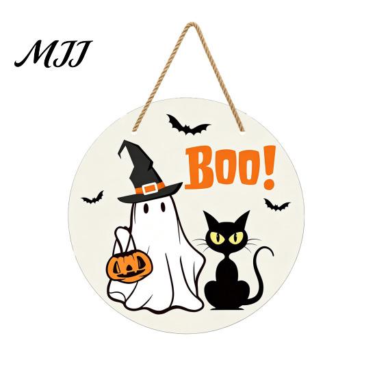 Eye-catching Halloween Sign Hanging Door Sign, Wooden Front Hanger Wreath, Cute Haunted House Ghost Welcome for Porch Wall Indoor Home Decoration
