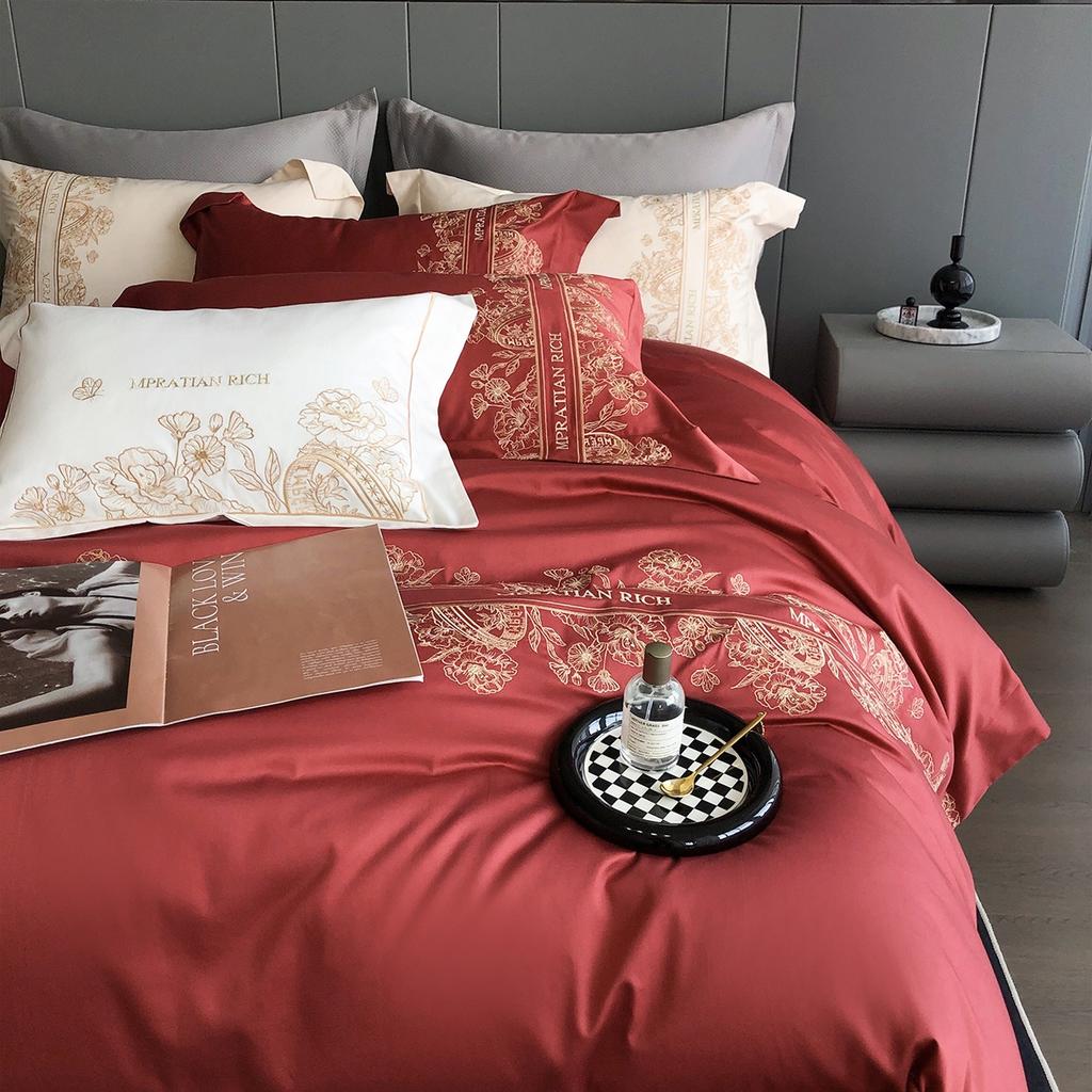 100 thread cotton embroidered red wedding bedding, Youyue Red