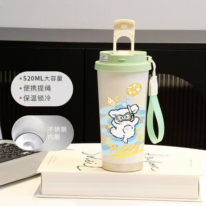 Cartoon puppy thermos cup male and female students cute couple straw large capacity sports coffee cup portable car cup