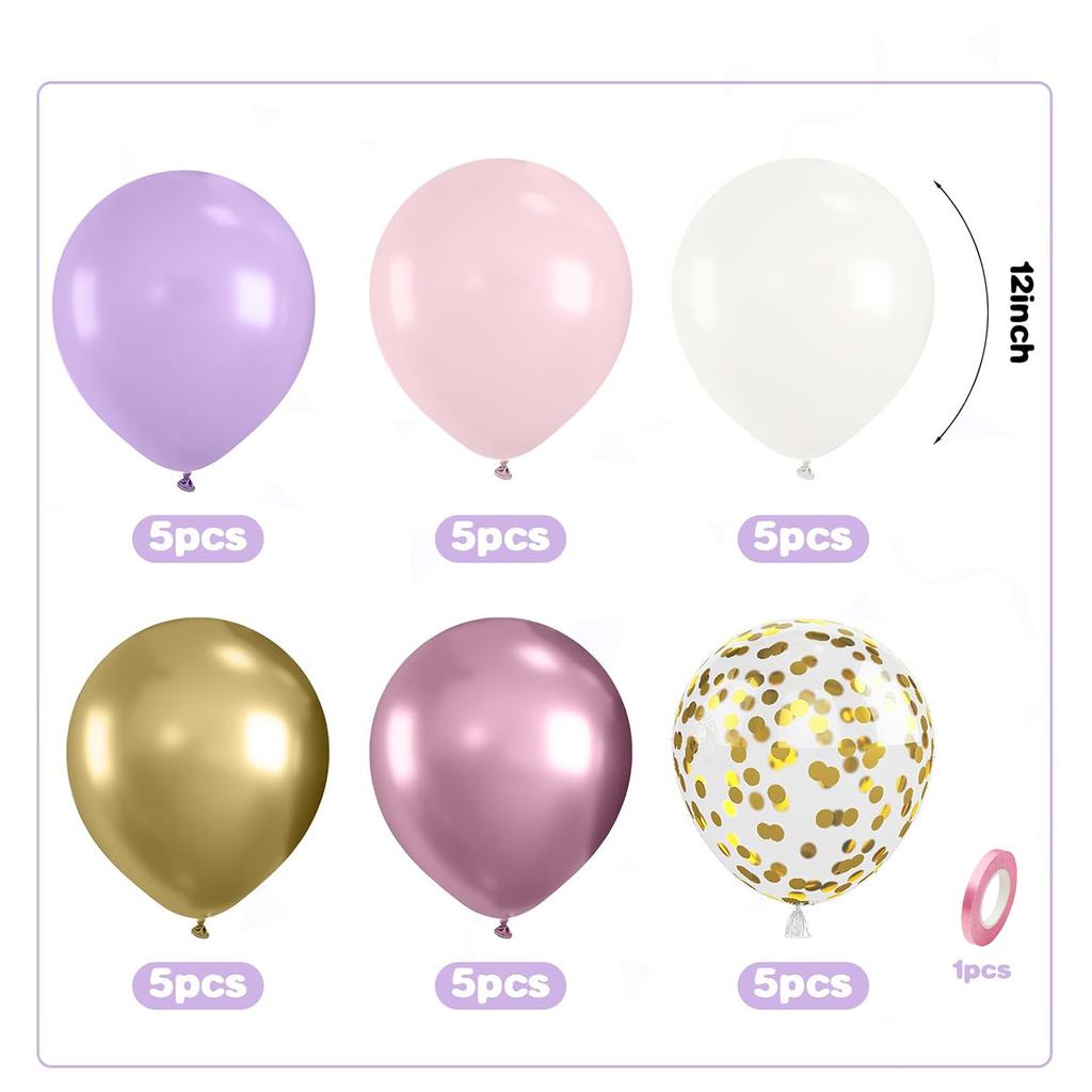 12inch-30pcs Pink Purple Gold Latex Balloon Set with Confetti, Suitable for Weddings, Birthdays, Popular Parties, Bridal Showers