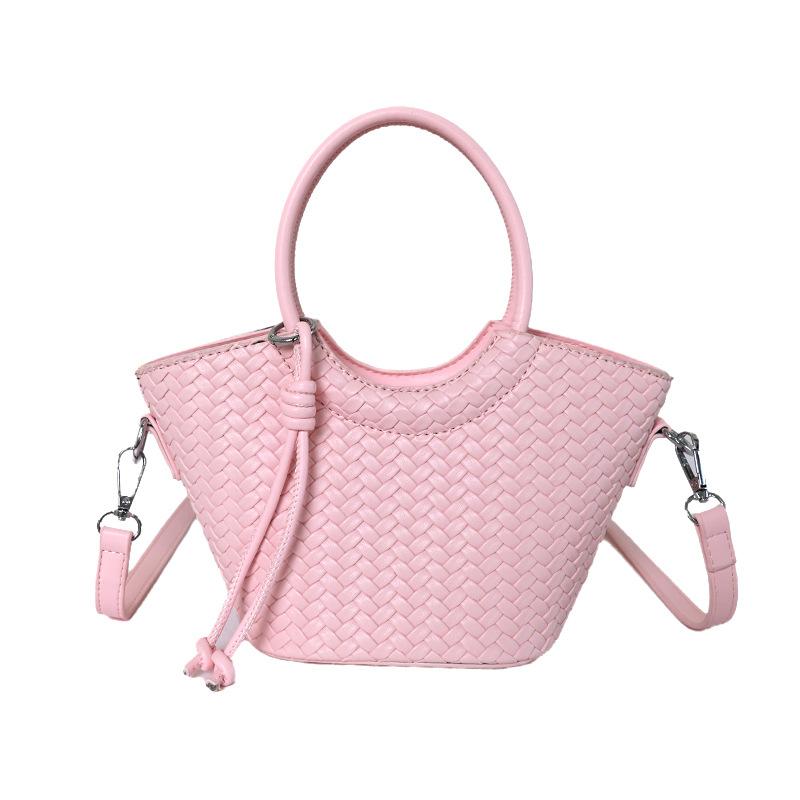 Woven Texture Mini Tote Bag with Round Handle and Detachable Strap