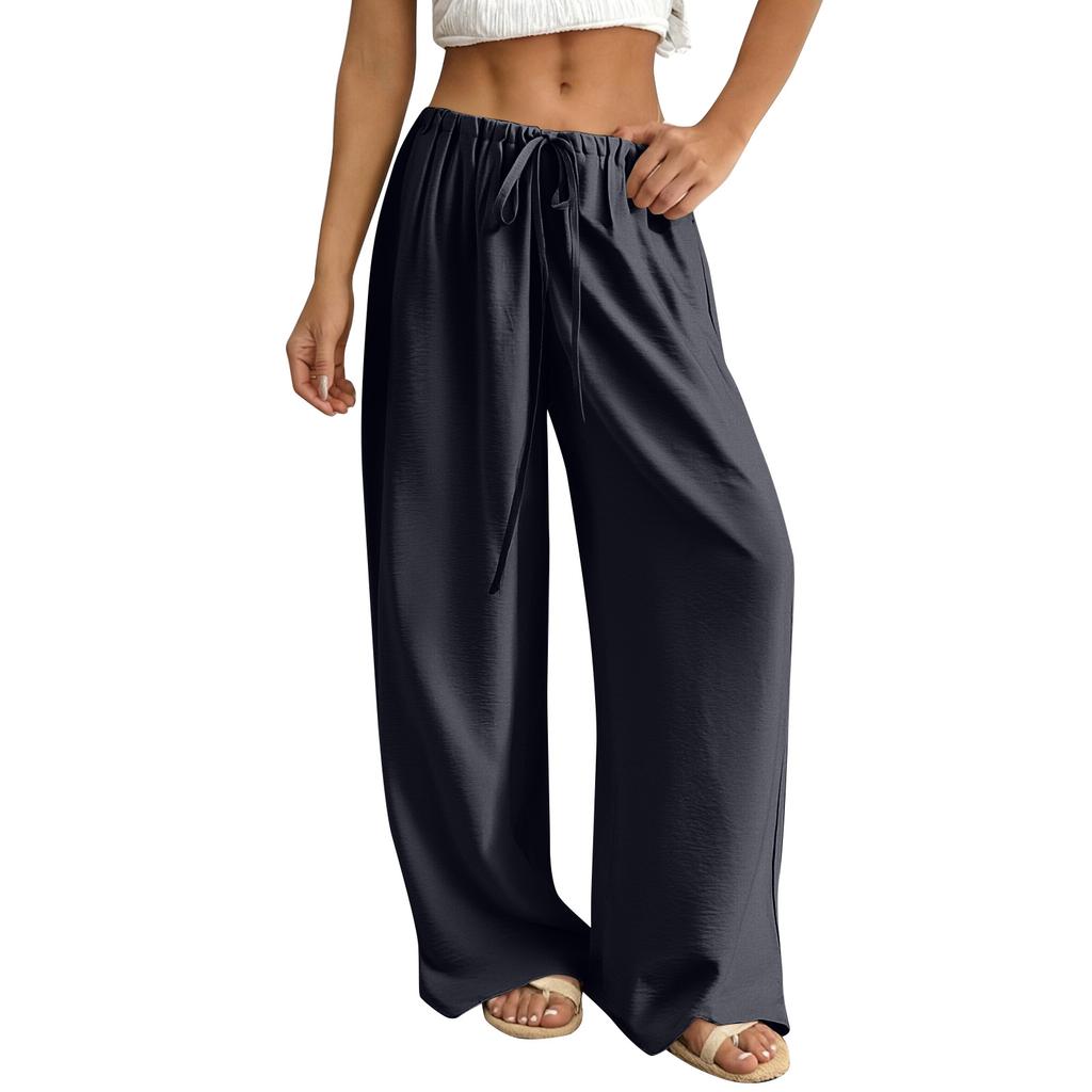 Women's Loose Wide-Leg Pants Casual Loose Cotton Linen Pants With Drawstring No Pocket