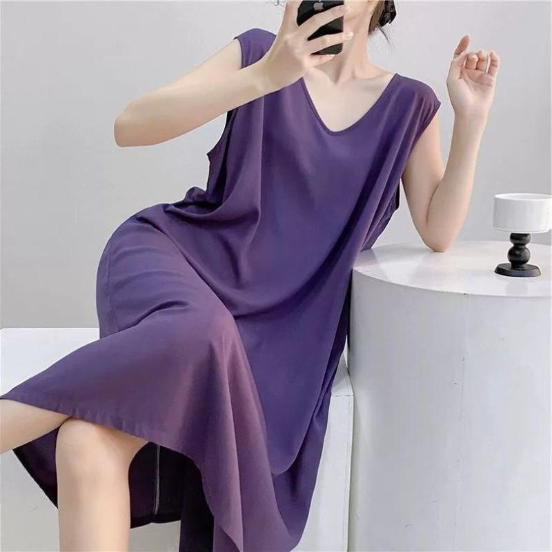 Large Size Loose Long Nightgown Simple Lazy Style Printed Sleeveless Tank Dress Sexy V-Neck V-Back Home Clothes Loungewear
