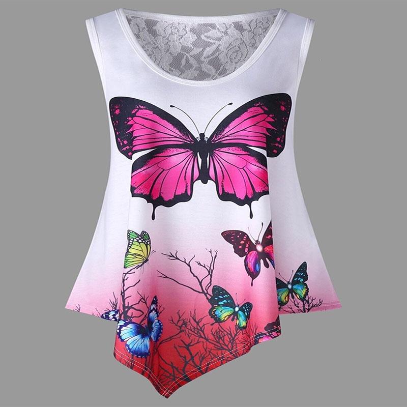 Stylish Women Sleeveless Butterfly Print Lace Patchwork T-shirt For Summer Chic