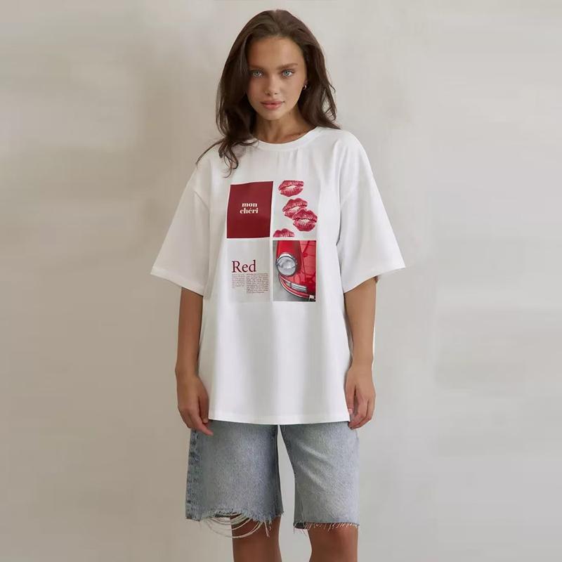 Bedrucktes Design Mittellanges Reines Baumwoll-T-Shirt Damen Sommer Vintage Locker Kurzärmeliges T-Shirt Täglich Lässig Damen Tops