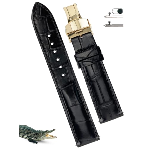 Vinacreations 22mm Black Crocodile Watch Strap with D-Buckle, Men's Alligator Replacement Watch Band with Quick Release Spring Bars, Gold Wrist Strap,