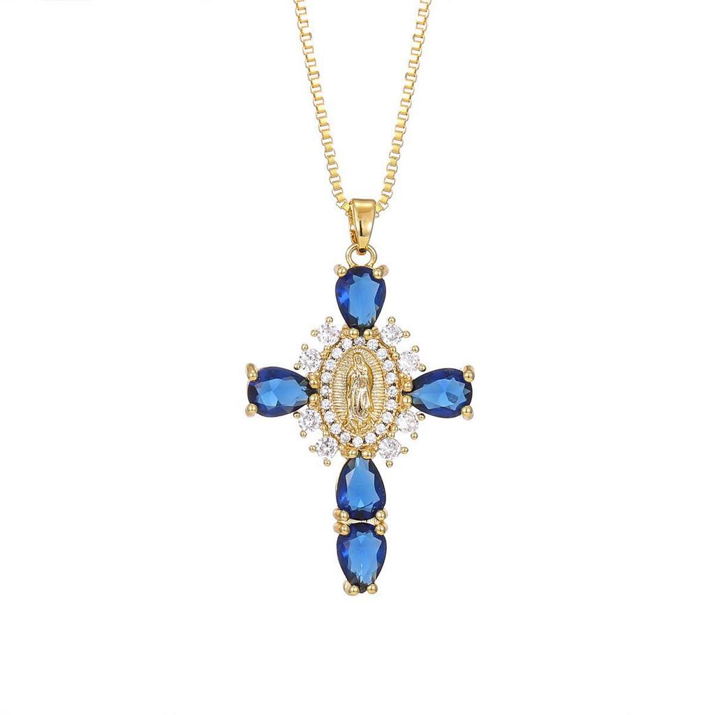 Gold-Plated Multi-Color Zirconia Cross Necklace with Full Diamond Design