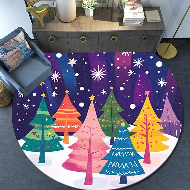 Colorful Trees Snow Winter Round Area Rug,Carpet Rug for Living Room Bedroom Sofa Playroom Decor,Non-slip Floor Mat
