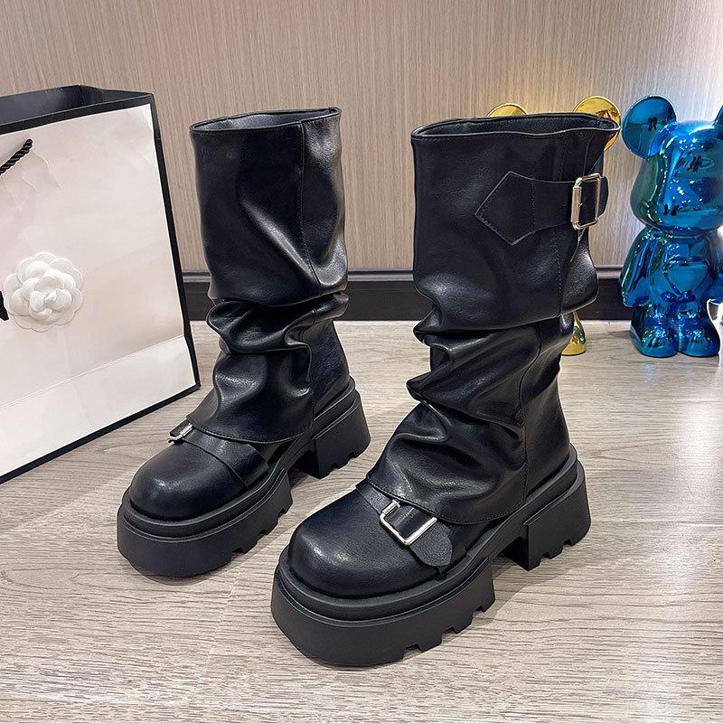 2025 new autumn platform heightening Martin boots retro brown Maillard stacking boots medium tube pants tube boots women's shoes