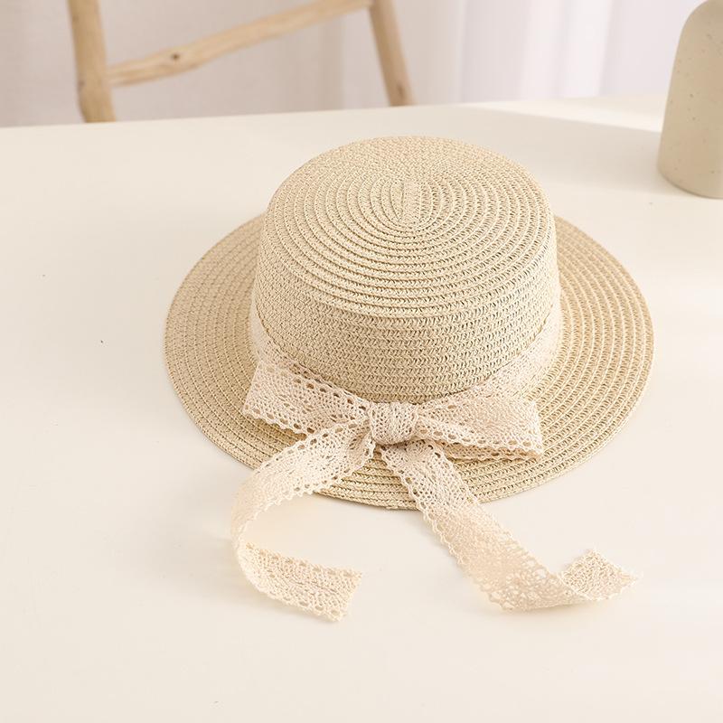 

Fashion New Child Summer Sun Hat Bucket Cap Simple Beige Lace Bowknot Ribbon Flat Top Straw Hat Beach Outing Caps Panama 48-52cm бежевий