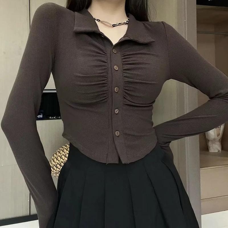 

Autumn and winter new temperament pure desire polo collar pleats slim fit long-sleeved top 2025 short base One size fits all