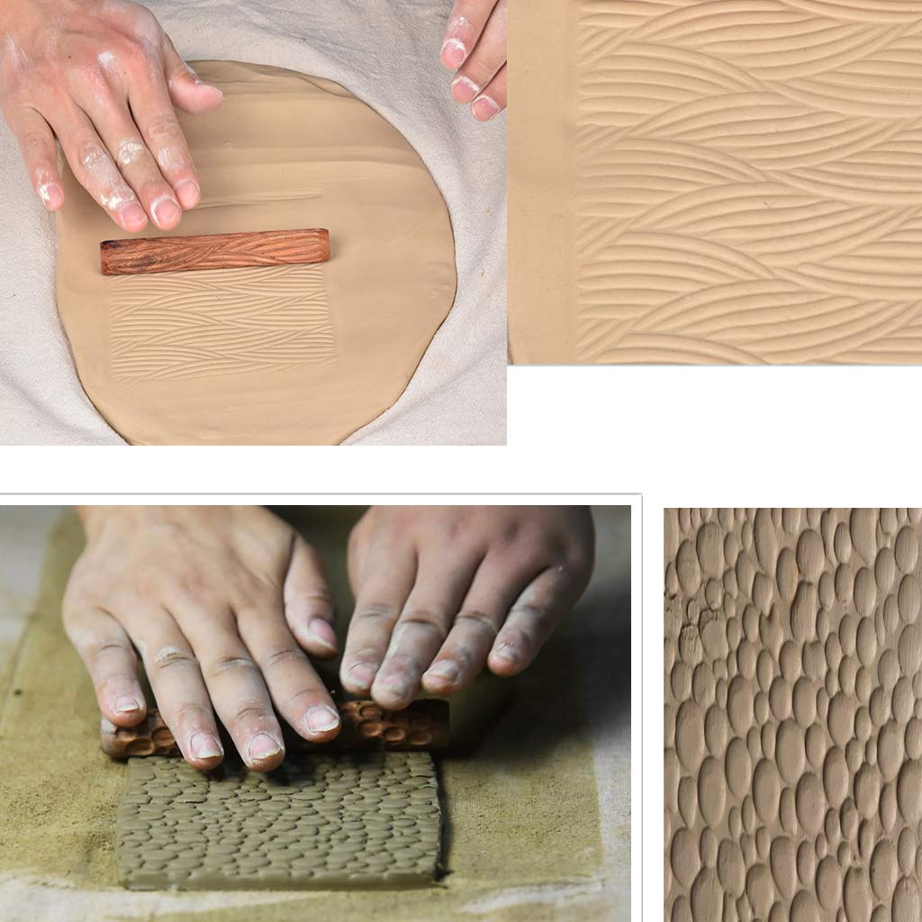Sumnacon Pottery Clay Stamping Wooden Hand Different Set of 5 Tool, Roller, Patterns,