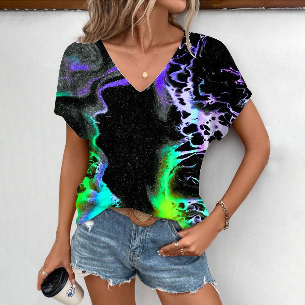Summer V-neck 3D Colorful Splash Printed T-shirts Fashionable Casual Short Sleeved Women's T-shirts