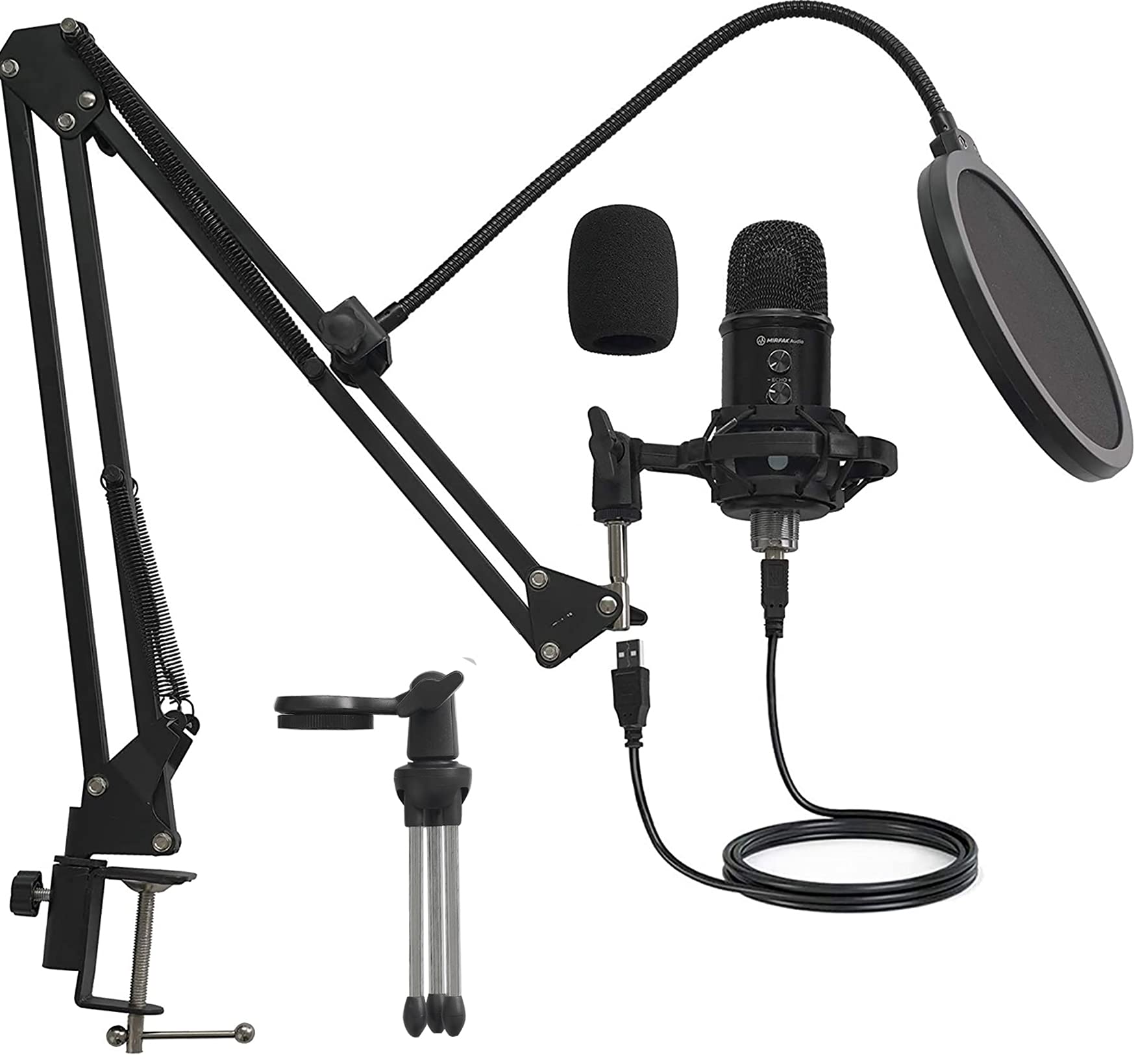 

MIRFAK Audio TU1 Комплект для прямой трансляции Настольный микрофон, Однонаправленный конденсаторный микрофон, USB-подключение, Мониторинг в реальном времени, WindowsMac