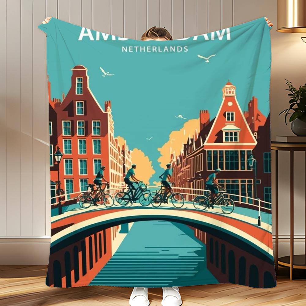 city landmark Amsterdam Throw Soft Coral Fleece Blanket 310gsm Fluffy Warm Throw for Sofa Bed Couch Bedroom Decor