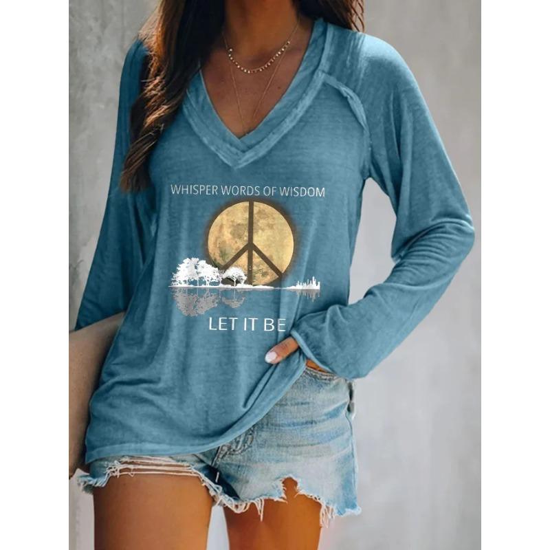 Ilstile Women's Hippie Style Print T-Shirts Long Sleeve V Neck Tops Casual Loose Tees Fashion Female Clothing