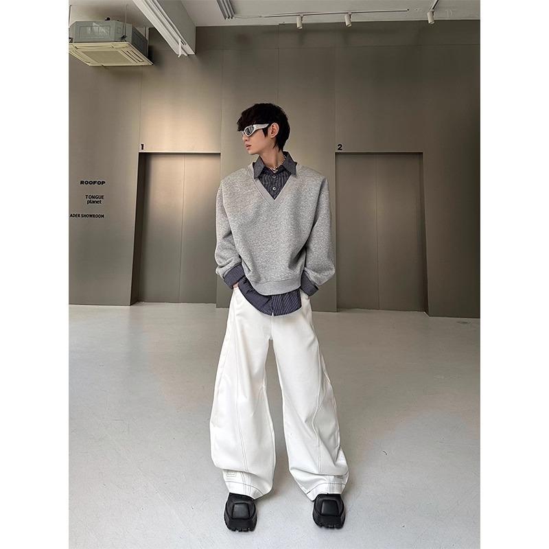 Men's Spring Autumn New Korean Style Niche Stylish Design Fake Two-Piece Spliced Sweatshirt Solid Color Versatile Loose Top