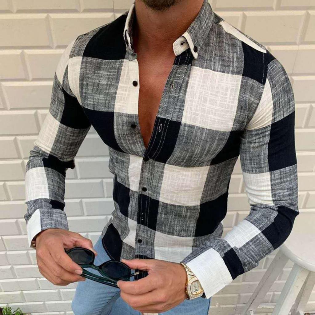 Fashion Men's Plaid Shirt Long Sleeved Cool Slim Fit Polo Shirts
