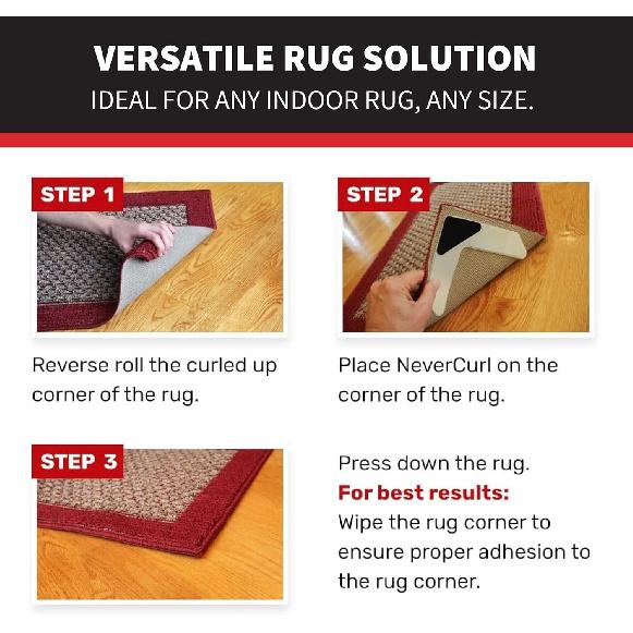StepNGrip Rug Corner Grippers 4-Pack - Flattens Edges to Hold Rugs in Place - Impedes Curling with Stiff Layer - Reble Carpet Grip Pads with