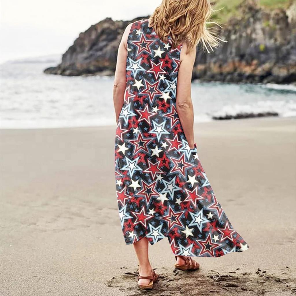 Women's Casual Comfortable Independence Day Print Sleeveless Cotton Pocket Dress