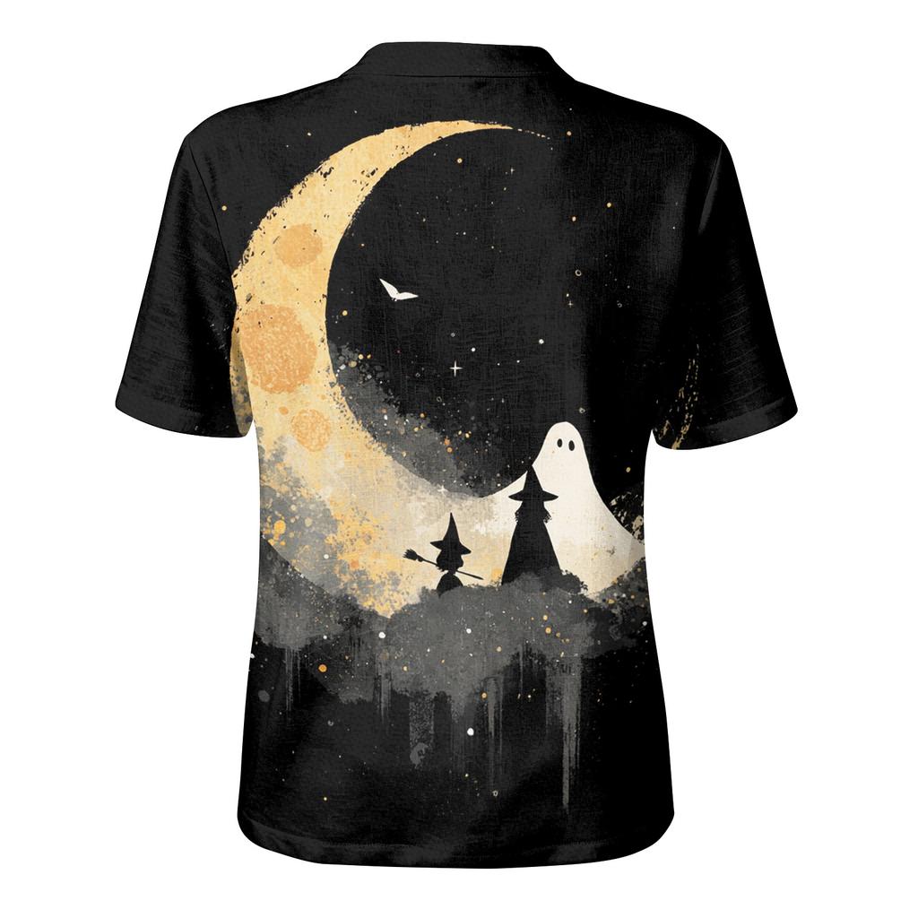 Women's Short Sleeve Button Down Shirt, Halloween Print, Cotton Linen , Casual Summer Top